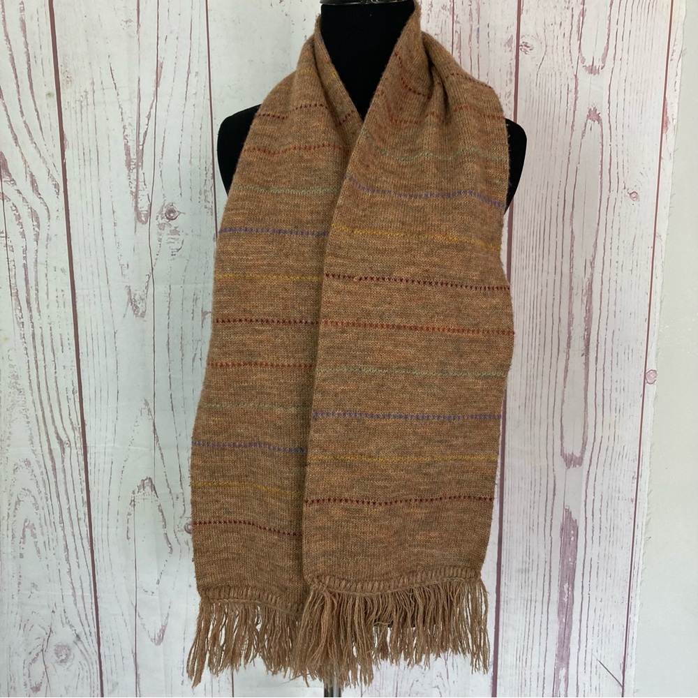 Vintage USA Union Made Scarf Wool? Blend Fringe Brown Striped 8X60” Winter - Picture 5 of 6